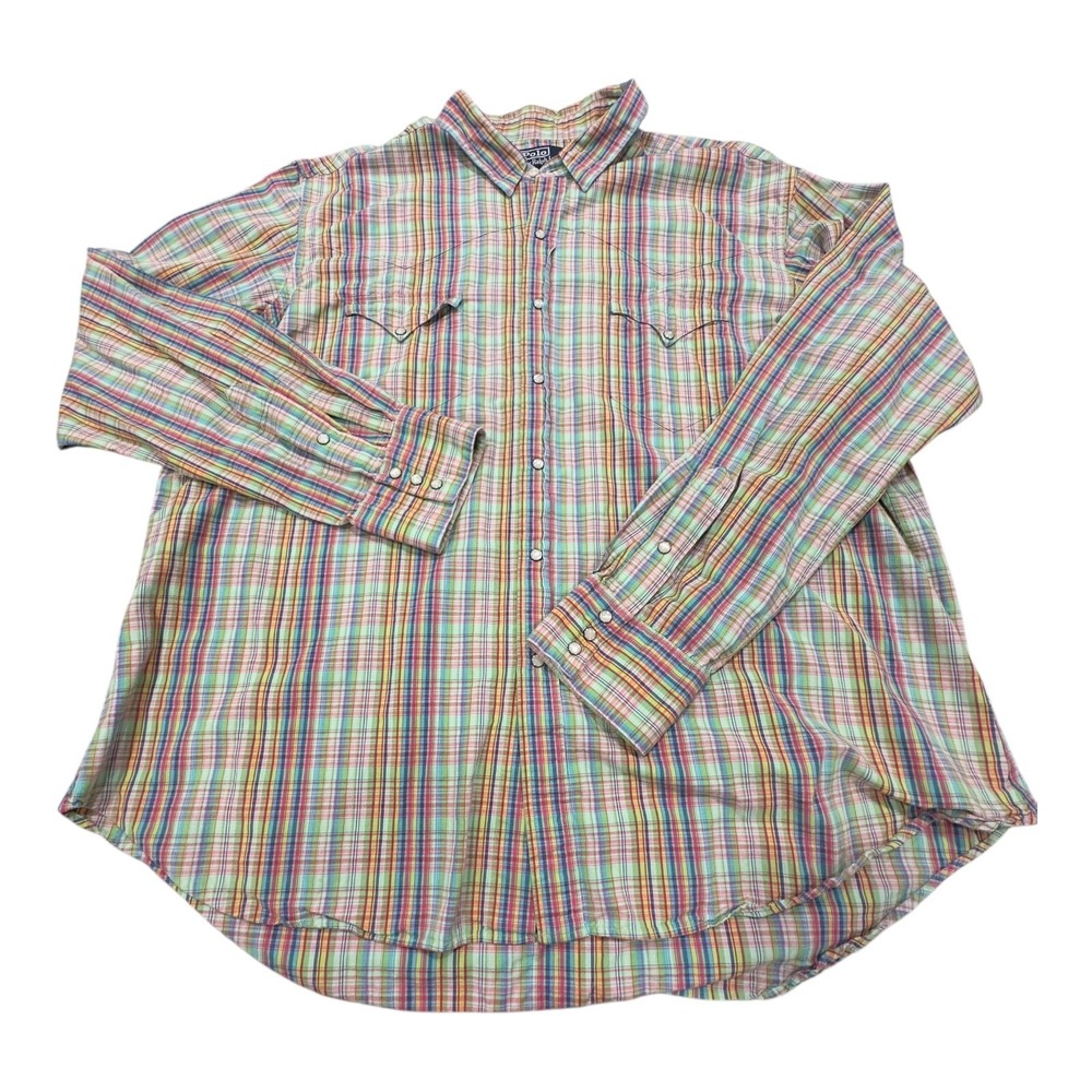 Polo Ralph Lauren RL Western Shirt Mens XXL Colorful‎ Plaid Pearl Snap Cowboy